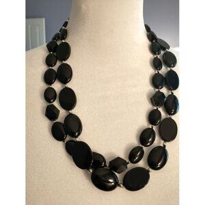 Vintage LUC 925 CN Double Strand Black Glass and Silver Bead Necklace
